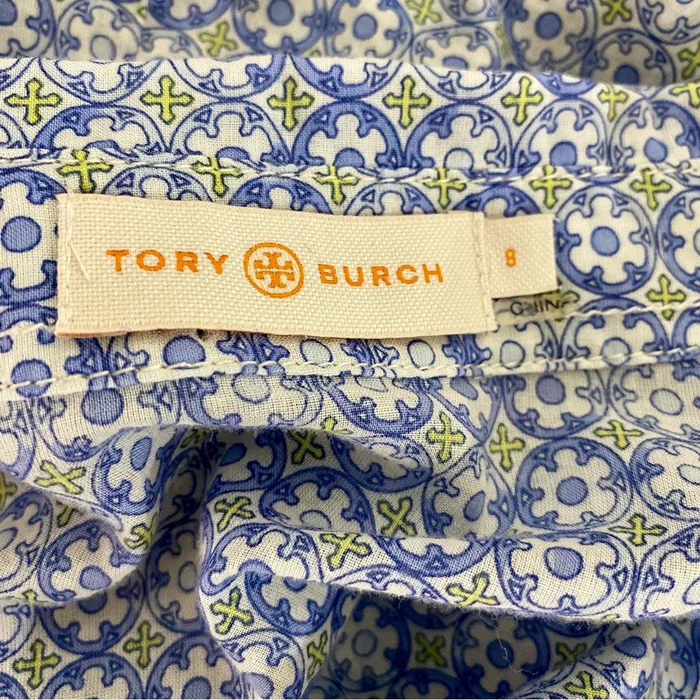 Tory Burch Blue Geometric Tile Print‎ Roll Tab Utility Shirt Size 8